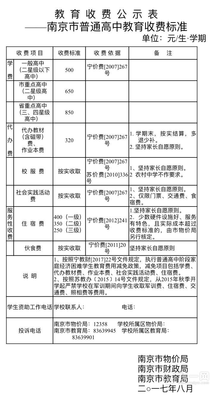 南京市教育局将《教育收费公示表》发放给各区教育局和所属学校,各